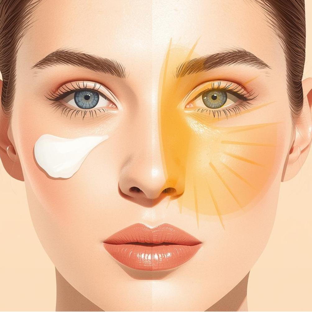 Gesicht einer Frau im Split-Vergleich: eine Seite mit weißlichem Schimmer durch mineralische Sonnencreme, die andere Seite mit durchsichtigem Finish durch moderne UV-Filter
