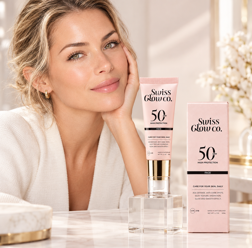 Swiss Glow Co. SPF50 Tagescreme, Tube und Verpackung auf Glassockel vor beigem Hintergrund