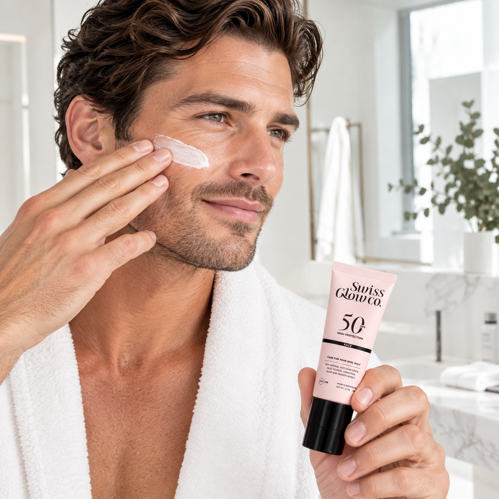Swiss Glow SPF50 Tagescreme parfumfrei, Anwendung im Gesicht